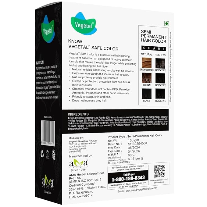 Vegetal Safe Hair Color -Soft Black 100g. - Certified Organic Chemical and Allergy Free Bio Natural Hair Colour with No Ammonia Formula for Men and Women