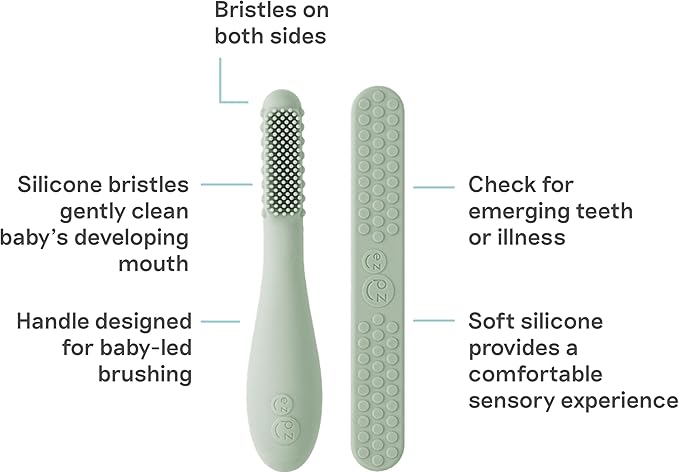 ezpz Baby-Led Toothbrush + Tongue Depressor Dual Pack (Sage) - 100% Silicone Toothbrush + Silicone/Stainless Steel Tongue Depressor - Helps Set-up Infants for a Healthy Oral Care Routine