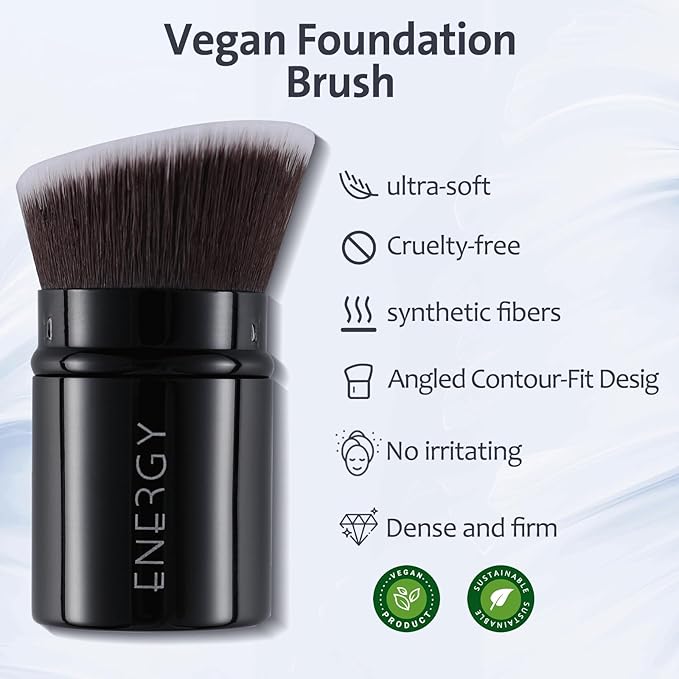 ENERGY Kabuki Foundation Brush Mini - Makeup Brush Retractable Travel for Liquid Loose Powder & Blush Buffing, Bronzer & Cream Blending, Angled Face Cosmetic Brushes Cruelty Free With Cover (Black)