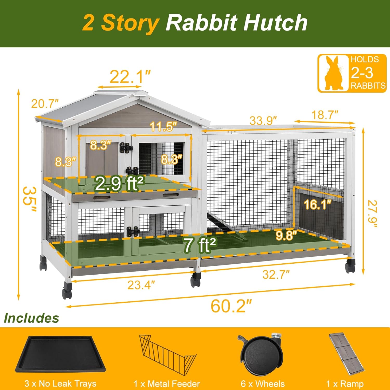 Rabbit Hutch Outdoor Indoor Bunny Hutch with Run 2-Story Large Rabbit Cage on 6 Wheels, 3 Leak Proof Trays, Ramp, Waterproof Roof for Small to Medium Animals, Expandable Design