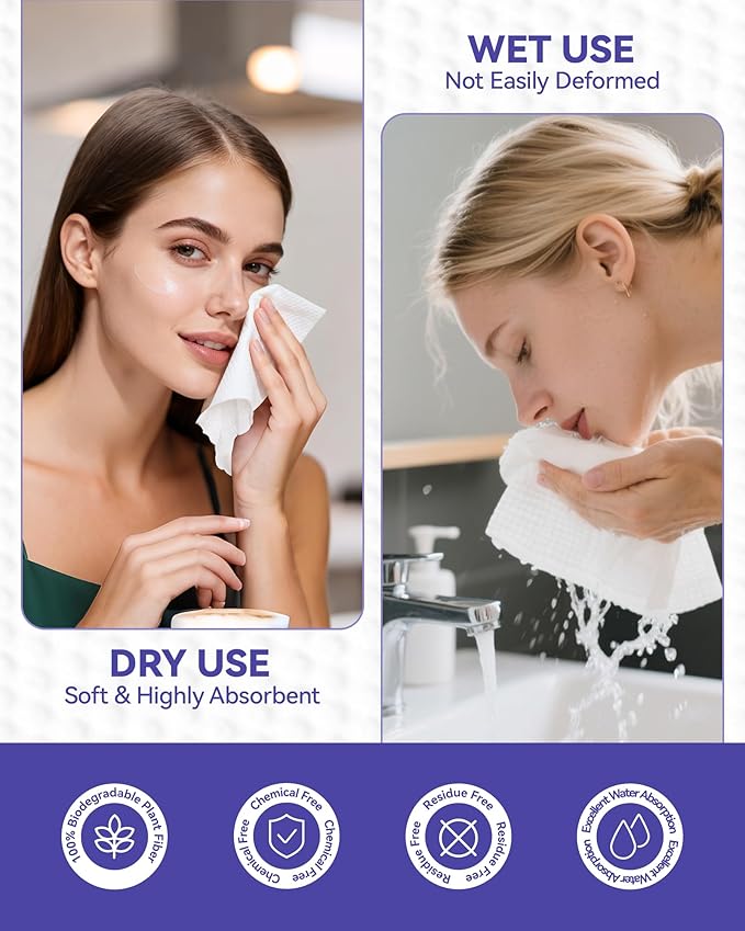 Face Towels Disposable, Face Towelette Disposable, Soft Disposable Face Towel for Makeup Remover, Thick Face Cloths for Women Cleansing, Skin Care, 7.8"×7.8", 80 Count (2 Pack)