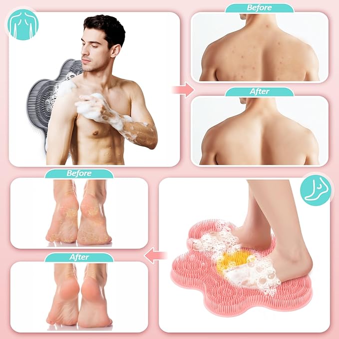 Upgrade Silicone Shower Foot Scrubber Mat & Silicone Body Scrubber Set, Large Wall-Mounted Back Scrubber Back Washer to Clean, Exfoliate and Massage Without Bending(Pink+Body Scrubber)