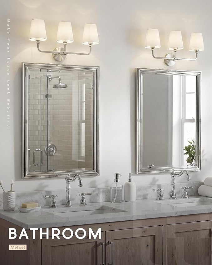 3-Light Bathroom Light Fixtures, Brushed Nickel Vanity Lights with Beige Fabric Shade, Modern Sconces Wall Lighting for Hallway Bedroom, Upward Lighting, VL837-BN-B-3