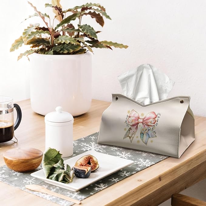Pink Bows Tissue Box Cover Rectangle, Snowflake Winter Holiday Decor Tissue Box Holder Organizer, Bow Decor for Bathroom Kitchen Car, Farmhouse Christian Gifts for Women Girls 9.8x5.9x5.9