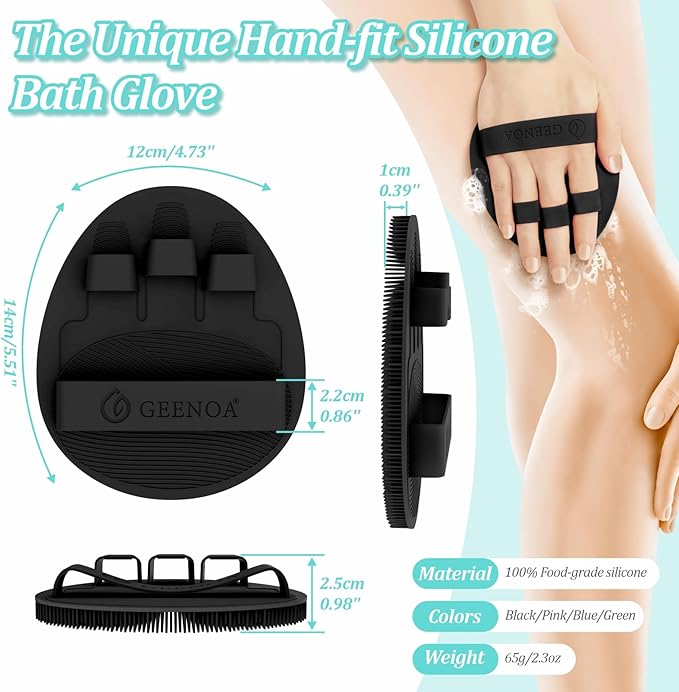 Silicone Bath Gloves 2PCS, 360° Anti-Slip & Enlarged Silicone Body Scrubber for Rich Foaming Deep Cleaning, Revolutionary No-Grip & Hand-fit Shower Scrubber for All Skin Types.(Blackx2)