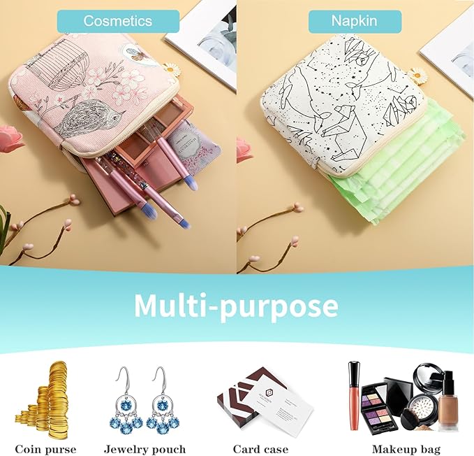 Amabro Sanitary Napkin Storage Bag, 2PCS Period Bags Cute Sanitary Pad Storage Pouch Tampon Pantyliners Menstrual Purse Daisy Zipper for Women Teen Girls School Travel Feminine Product(Bird)