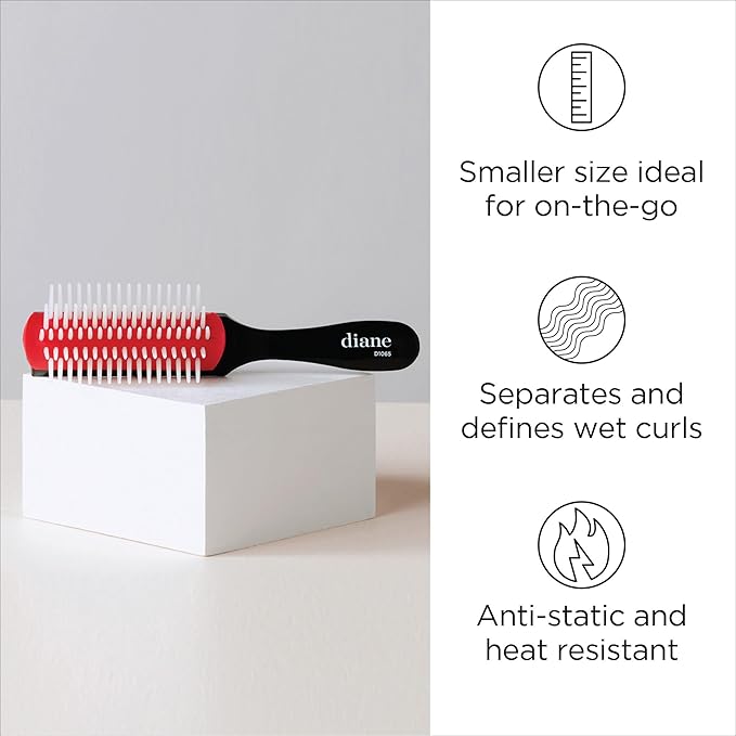 Diane Pro Mini Nylon Pin Styling Hairbrush for Detangling, Separating, Shaping, and Defining Wet or Curly Hair, Heat-Resistant, Anti-Static, Travel Essential, Black/Red