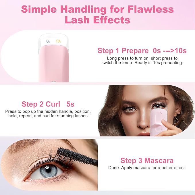 Visible Heated Eyelash Curler, Rechargeable Electric Eyelash Curlers 10S Fast Heat, Safe Anti-Burn Mini Heat Eye Lash Curler 24Hrs Long Lasting Natural C Curl Lashes (Pink)