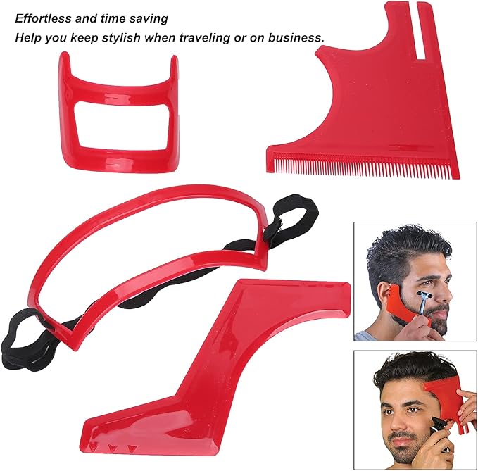 4 Pcs Red Beard Shaping Tool Kit, Plastic Beard Template Set Barber Supplies Set for Men Hairline Neckline & Beard Grooming Styling Beard Trimming Tools