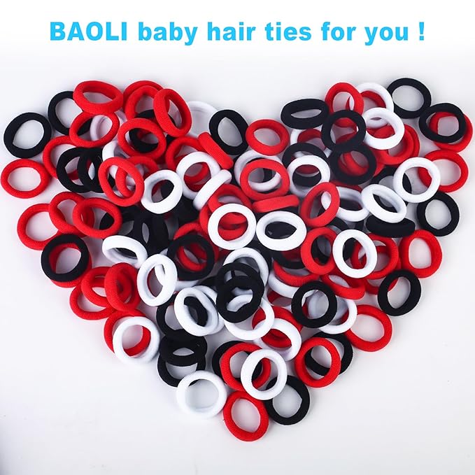 200PCS Mini Hair Ties for Toddler Girls, Kids Hair Ties Bands No Pull, Soft Baby Ponytail Holders Elastics No Damage, 1 Inch in Diameter, Red and Black, by BAOLI