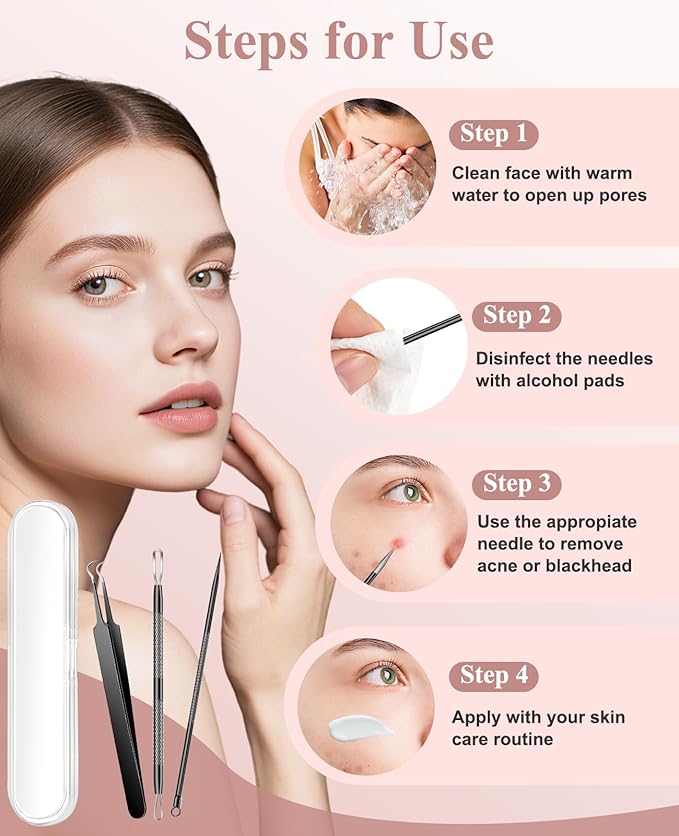 3PCS Pimple Extractor Acne Treatment Tool Professional Stainless Blackhead Comedone Removal Popper Tool for Face Nose Blackhead Extractor Tool (Black)