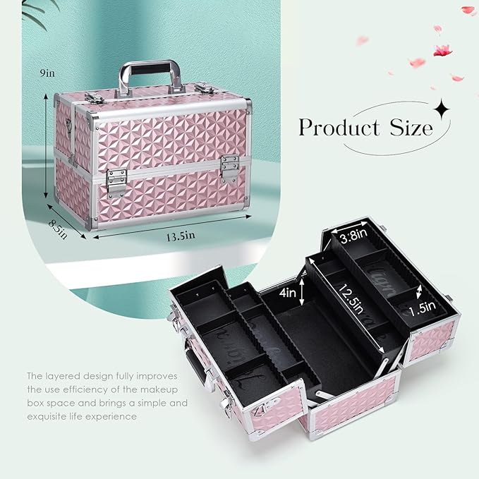 Joligrace Makeup Train Case Professional Cosmetic Organizer Aluminum Storage Box with 4 Adjustable Dividers Trays Lockable Portable with Shoulder Strap