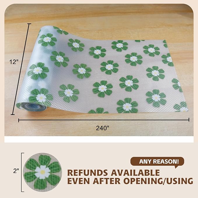 Drawer and Shelf Liner for Kitchen Cabinet,Non-Adhesive Waterproof EVA Drawer Liner for Dresser & Bathroom Vanities with Cutting Tool(12 in X 10 Ft Green Chrysanthemum)