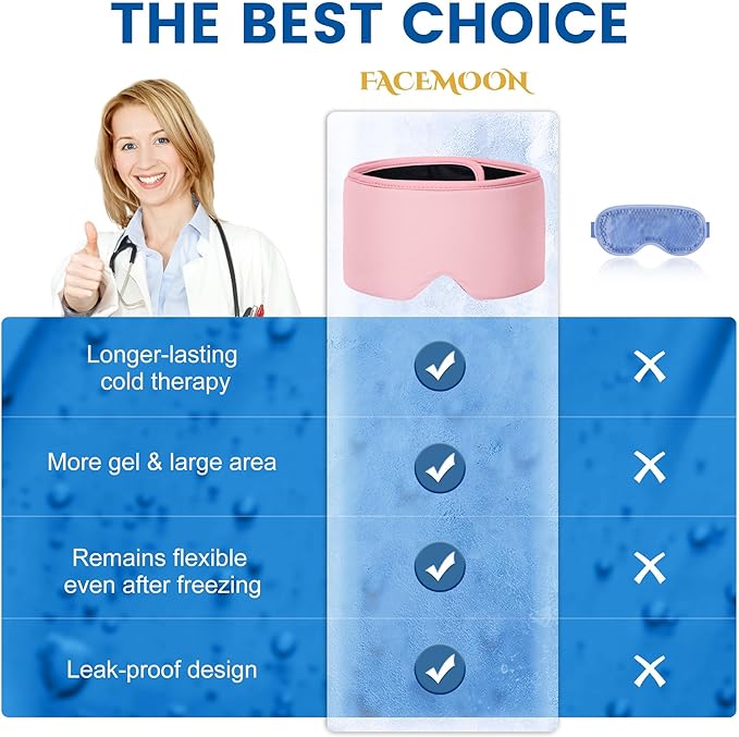 Cooling Eye Mask for Spa Care - Ultra-Flexible Ice Gel for Morning Depuffing & Dark Circles - 360° Eye Coverage - Luxury Self-Care Gifts - Cold Compress for migraines - Reusable Comfortable Pink