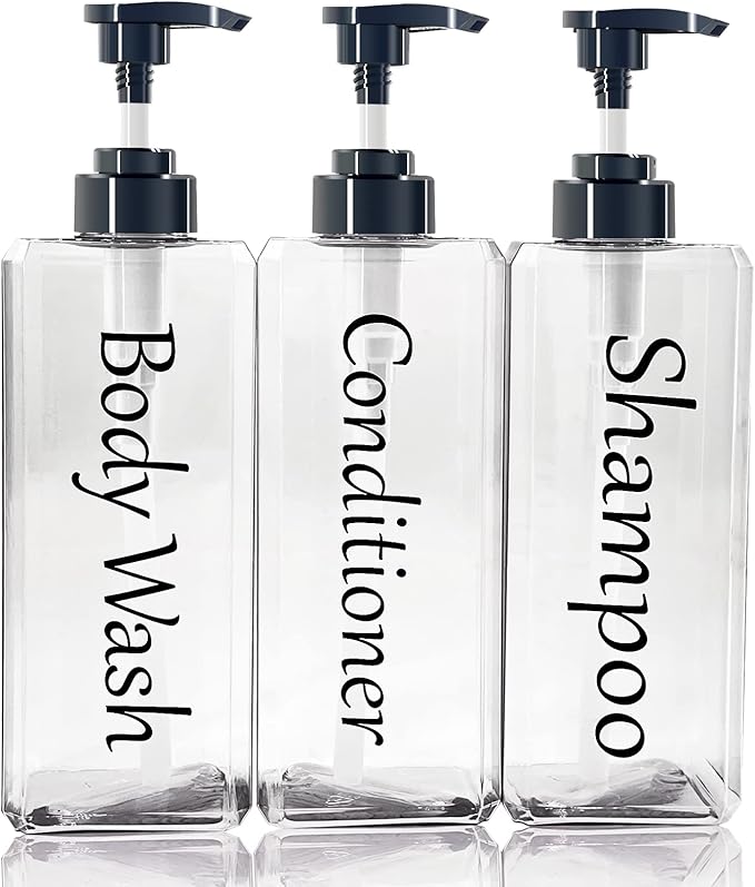 Shampoo and Conditioner Dispenser(Clear, Set of 3, 27oz)- Refillable & EmptyShampoo and Conditioner Bottles- Body Wash Dispenser Set-Modern Shampoo Bottles for Shower Soap