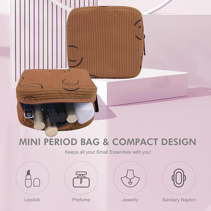 Sanitary Napkin Storage Bag, Corduroy Period Bag for Women, Cute Portable Period Pouch with Zipper, Sanitary Pads Bag Tampons Holder for Purse, First Period