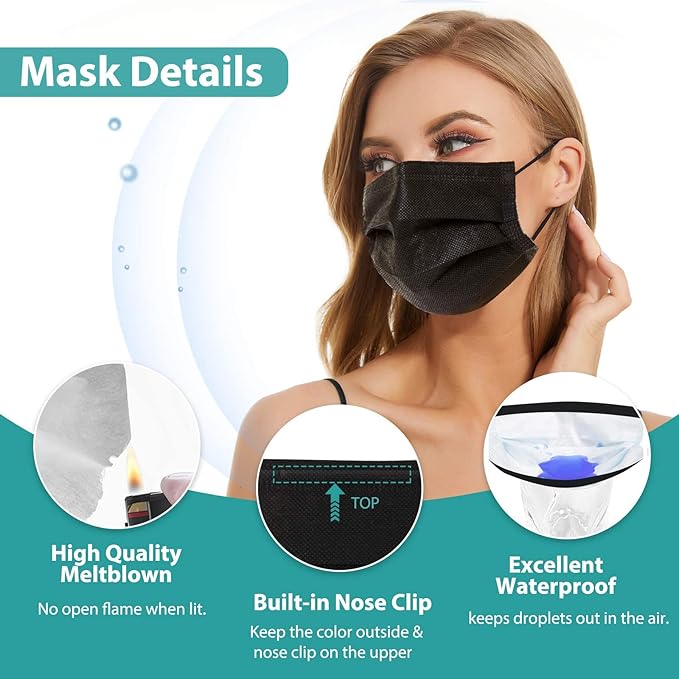 Disposable Mask 4 Layer 2023 Black Mask with White Inside, Breathable Single Use Dust Mask with Wider Soft Earloops for Adult Men Women Box 50 Pack