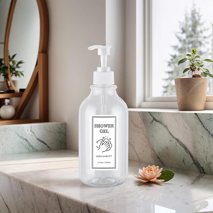 Shampoo and Conditioner Dispenser, Refillable Plastic Shampoo Pump Bottles with Waterproof Labels, Empty Body Wash Dispenser Set for Bathroom, Shower Soap Bottles (Transparent)