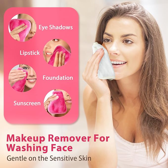 | Reusable Update Makeup Removing Microfiber Cloth for Sensitive Skin | Washable Makeup Remover Towels | Natural Facial Cleansing Towels (6”x 6”, 12 Pack/Pink)