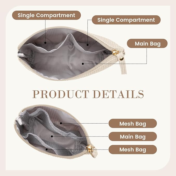 MAGEFY 2Pcs Makeup Bag Set, Cute Makeup Pouch for Purse Corduroy Travel Cosmetic Pouch for Women with Slip-in Pockets for Purse Essentials Accessories(Beige,Mini+Small)