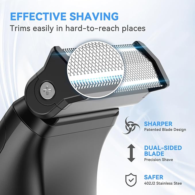 Body Hair Trimmer for Men 3-in-1 Groin, Pubic & Ball Trimmer with Skin Safe No-Nick Blades, IPX6 Waterproof Wet/Dry Electric Shaver for Chest, Underarms, Legs, USB-C Rechargeable Groomer Kit