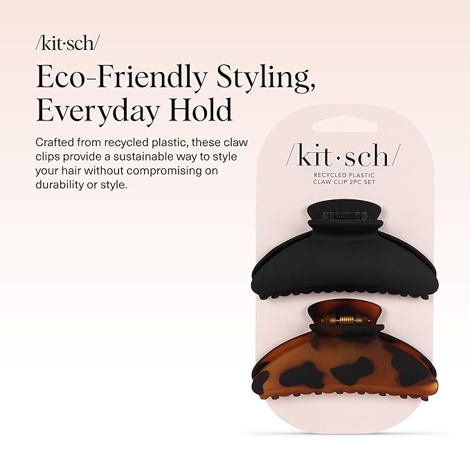 Kitsch Medium Hair Clips for Women, Strong Hold, Recycled Plastic Claw Clips for Thick Hair | Great for Updo, Half Up Hairstyle | Ideal Gifts for Women - 2pcs, Black and Tort
