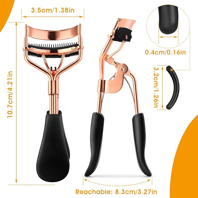 Eyelash Curler Kit Metal Eye Lashes Curler，Professional Makeup Tool with Built-in Comb Eye with 10 Replacement Refill Pads Get Dramatically Curled Eyelashes for Women Girl (Rose Gold)