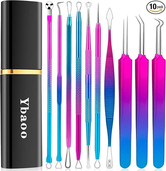 Pimple Popper Tool Kit - Ybaoo 10 Pcs Blackhead Remover Comedone Extractor Kit with Metal Case for Quick and Easy Removal of Blackheads, Zit Removing, Facial and Nose(Colorful)