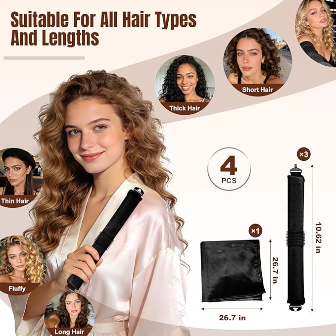 TULOBI 3 Pcs Heatless Curls Overnight - Upgraded Velvet Heatless Hair Curler with Velcro Fastener, Overnight Jumbo Blowout Rods, Hair Curlers to Sleep in for All Hair Types (Black)