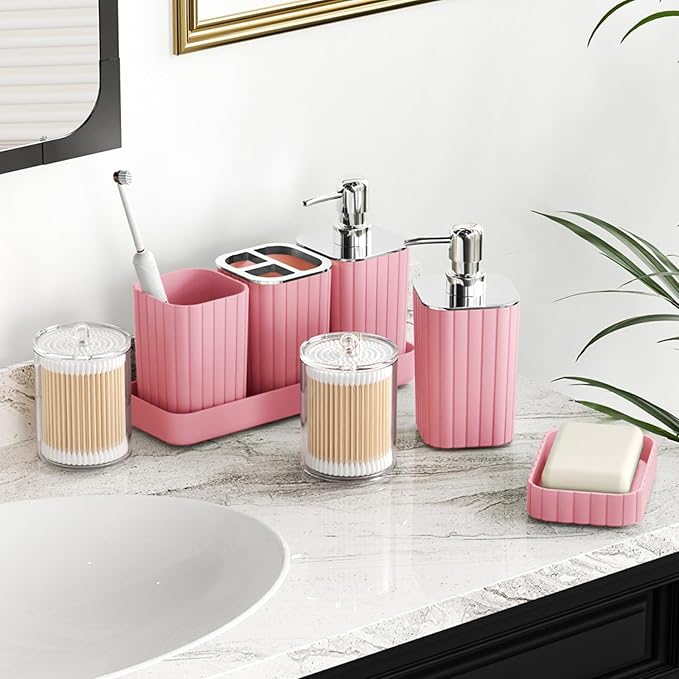 Pink Bathroom Accessories Set - Gorgeous Bathroom Set, 10PC Bathroom Accessory Set, Toilet Brush, Trash Can, Qtip Holder & Soap Dispenser