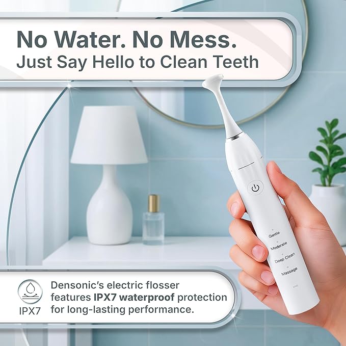 Electric Flosser Kit with Tongue Scraper | No Water, No Mess | Easy Gliding Dental Floss for Gentle Gum Care | Cordless Sonic Power | 50 Replaceable Heads [Celeste Blue]