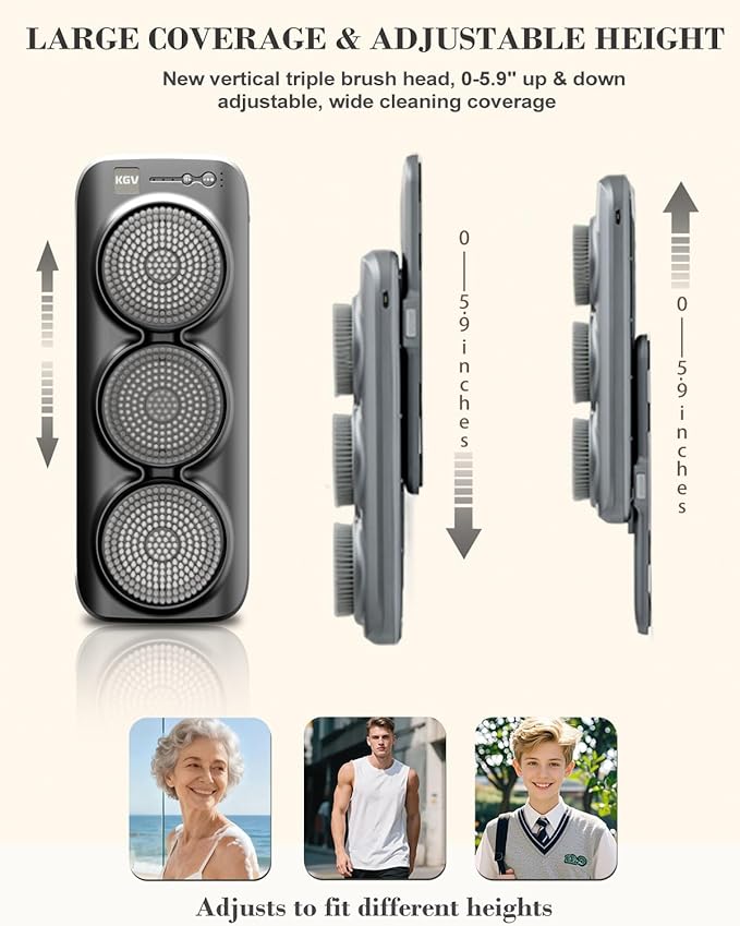 Electric Back Scrubber for Shower with 3 Motorized Brush Heads, Wall-Mounted Back Scrubber for Shower, Hands-Free Design, Easy to Install, for Elderly, Obese & Skin Care Enthusiasts