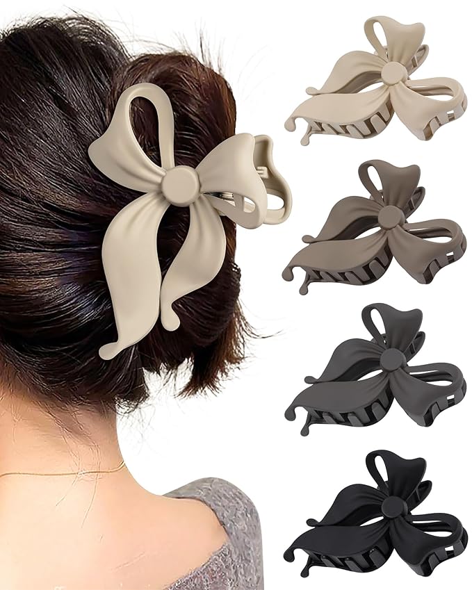 Mesovor 4 Pack Cute Bow Claw Clip for Women, Nonslip Large Matte Strong Hold Bows Hair Clips for Thin and Thick Hair | Chic Hair Styling Accessories (4.1" Black, Grey, Khaki, Brown)