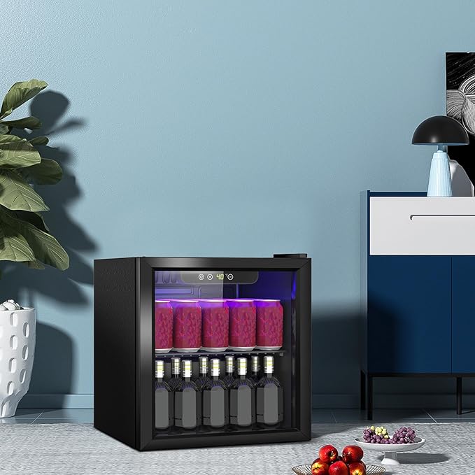 Compact Beverage Refrigerator, 1.3Cu.Ft/60 Can Mini Fridge with Glass Door and Digital Display, Small Drink Fridge with Adjustable Shelves for Soda, Beer, or Wine, Compact Fridge for Bedroom