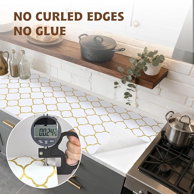 Shelf Liners for Kitchen Cabinets 23in x 20FT Non Adhesive Drawer Liner Gold Quatrefoil Thickened Shelf Liner Paper Strong Non-Slip Easy to Clean for Tool Box Refrigerator with Knife and Tape Measure