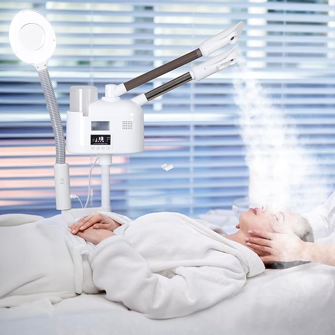 Professional 3 in 1 Facial Steamer, Stand on Wheels with 5X LED Magnifying Lamp, Use at Home or Salon SPA Esthetician with hot and Cold Nozzle for Skin Deep Clean