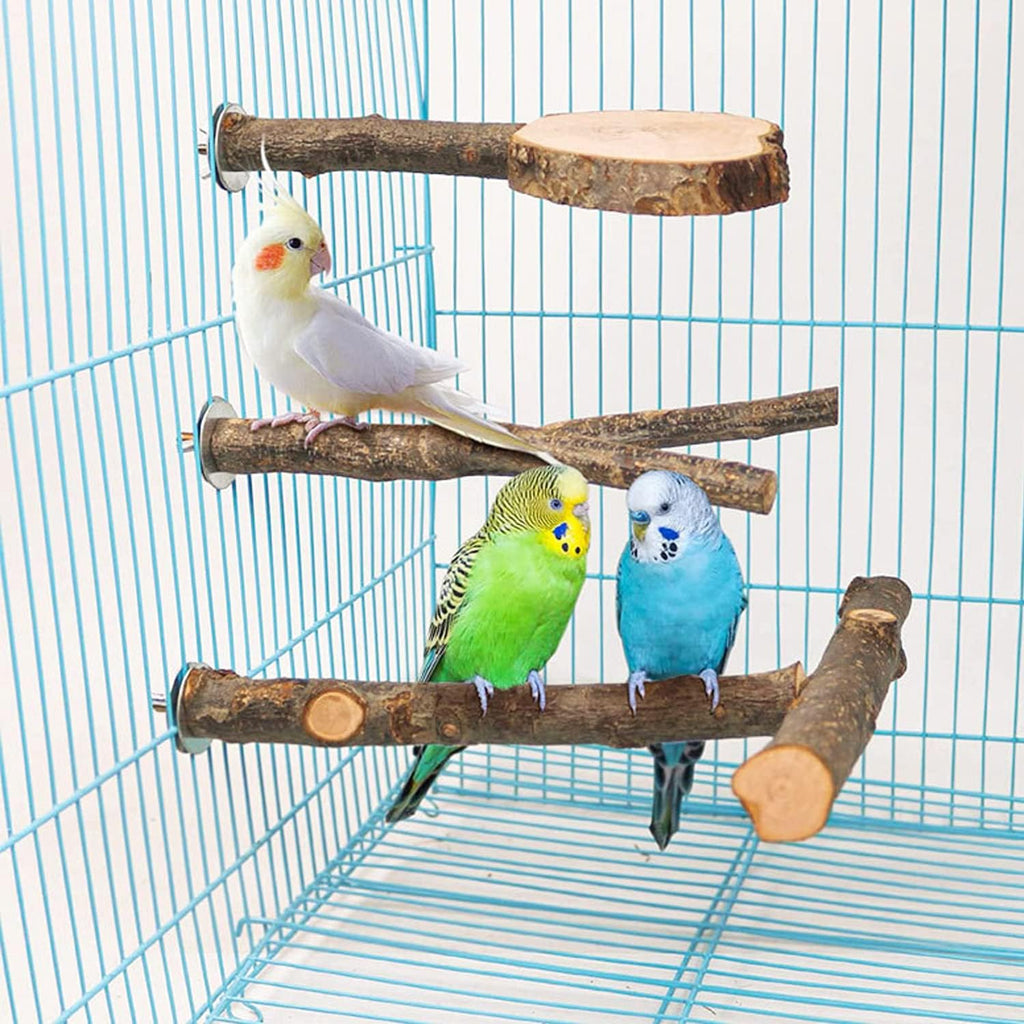 Allazone 4 PCS Natural Wood Bird Perch Stand, Bird Parrot Perch Stand Set, Wooden Parrot Perch Stand Perch Platform Cage Accessories for Parrotlets Cockatiels Budgies Parakeets