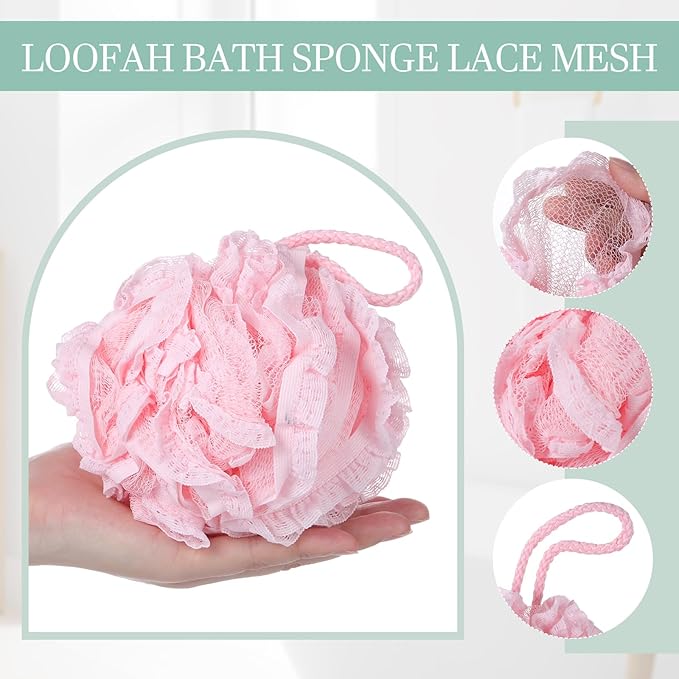 Sunnyray 4 Pack Loofah Bath Sponge Lace Mesh Set Large 60g Shower Poufs Body Scrubber Bath Loofah Ball Body Wash Sponge Exfoliating Scrubber Luffa Puff for Women Men Cleanse Skin Accessories(Fresh)