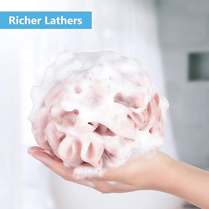 VANZAVANZU Bath Loofah Large 80g Shower Sponge Body Scrubber Mesh Pouf for Men and Women, Set of 4 (Turquoise + Pink)