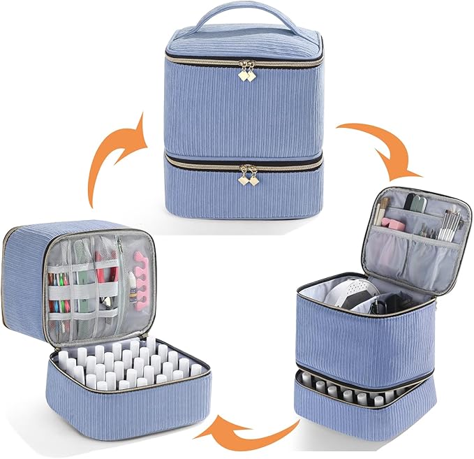 Corduroy Nail Polish Organizer and Nail Lamp Case, Nail Kit Organizer Holds 30 Bottles (15ml - 0.5 fl.oz) and a Nail Lamp, Nail Polish Carrying Case with Manicure Tools Storage Sections (Blue)
