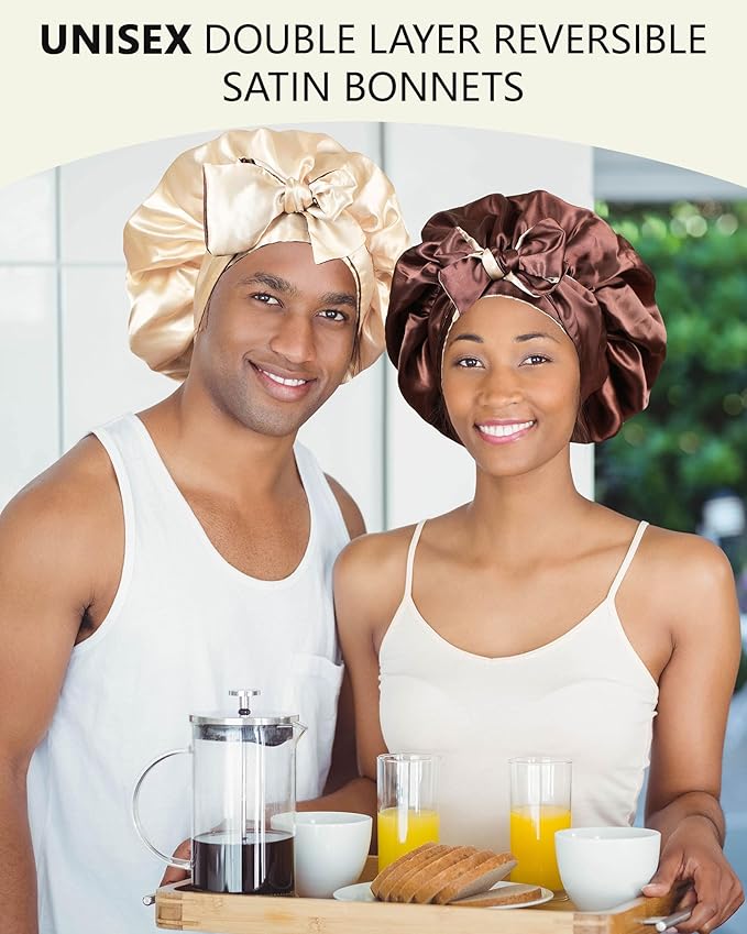 Satin Bonnet Silk Hair Bonnets for Women Curly Hair Wrap Night Cap Double Layer Sleep Cap Reversible with Tie Band (Brown + Champagne)