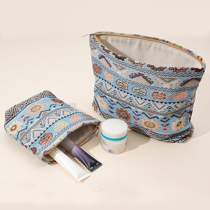 2 PCS Makeup Bag Small Cute Cosmetic Bags for Women，Floral Travel Toiletry Bag for Purse, Large Canvas Cosmetic Pouch Makeup Organizer Tool Pouch with Zipper（Bohemian Blue）