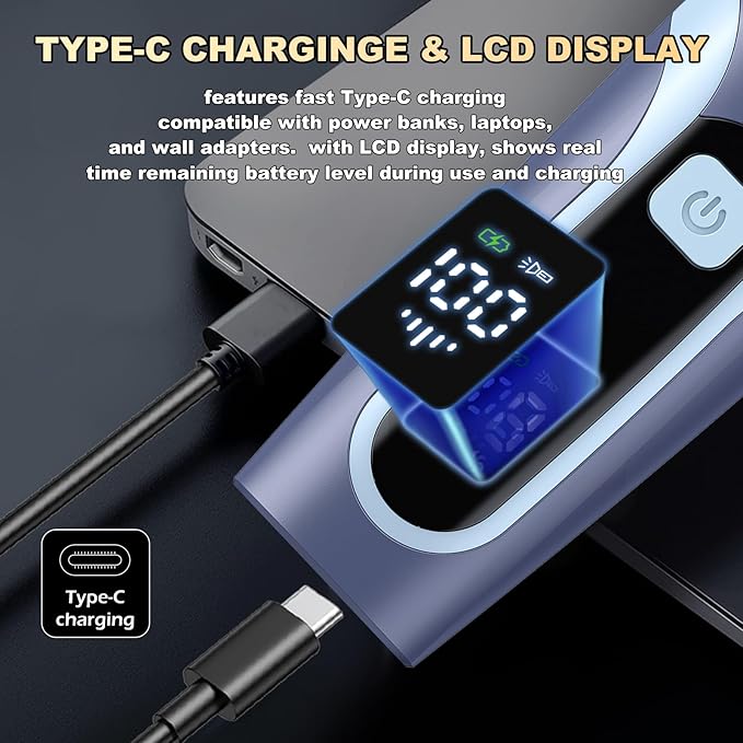 Beard Trimmer for men, Vacuum Mustache Trimmer with Type-C Charging, IPX7 Waterproof Electric Shaver Body Hair Trimmer for Men with LCD Display, Length Adjustable Blade Wheel (1/25"-4/5") (Blue)