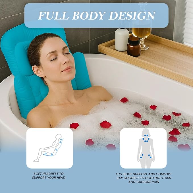 Bath Pillow for Tub 4D Air Mesh Fabric - Plush Bathtub Pillow for Neck & Back Support, Hot Tub Pillow with 6 Non-Slip Suction Cups Spa Pillow for Relaxation and Comfort (Full Body Blue)