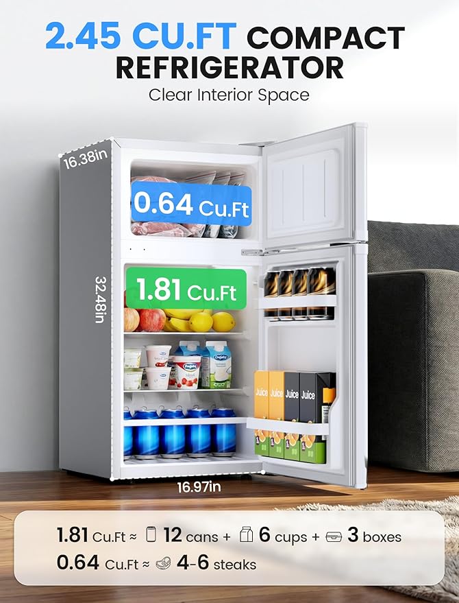COWSAR 2.5 Cu.Ft Dorm Fridge with Freezer, Double Reversible Door Compact Refrigerator with 2 Removable Shelves, Commercial Drink Fridge for Bedroom, Office, Kitchen, Dorm, White