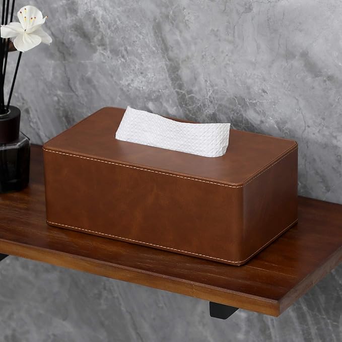 Tissue Box Cover Rectangular 9.8"(L) x 5.3"(W) x 4.3"(H) Refined Modern PU Leather Facial Tissue Dispenser Box Holder for Dresser Bathroom Decorative (Brown)