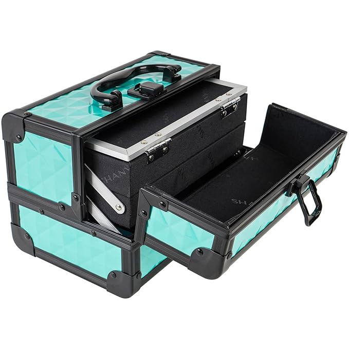 SHANY Chic Makeup Train Case Cosmetic Box Portable Makeup Case Cosmetics Beauty Organizer Jewelry storage with Locks, Multi trays Makeup Storage Box with Makeup Mirror - Turquoise