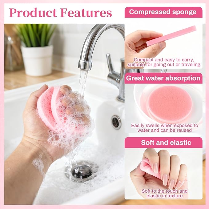 60pcs Compressed Facial Sponges - Round Face Sponge Disposable Travel Facial Cleansing Pads Makeup Sponge for Face Wash Exfoliating Remover Skin Care Beauty Tool Esthetician Essential（Pink）