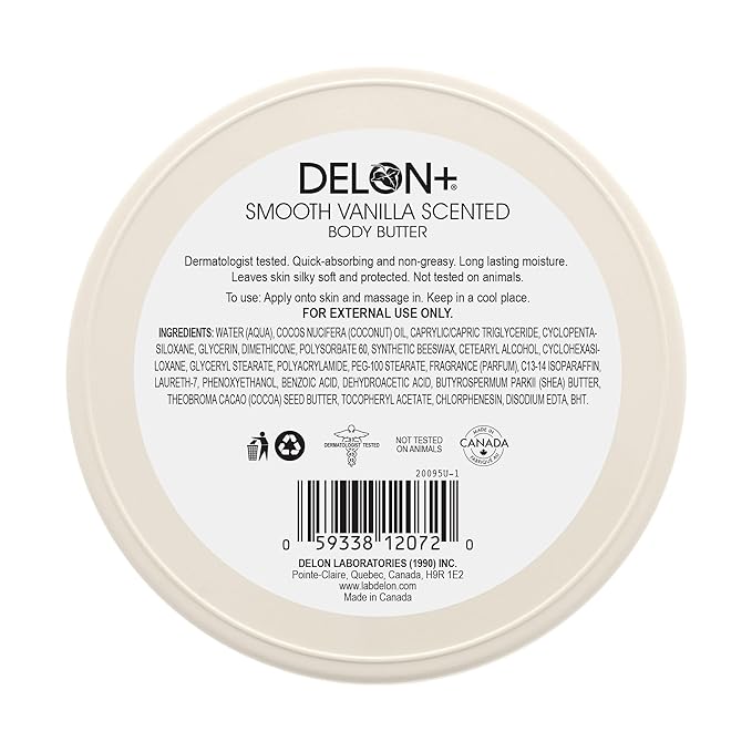 DELON Intense Moisturizing Body Butter, Smooth Vanilla with Shea Butter, 6.9 oz