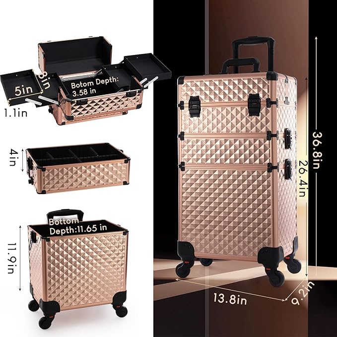 Frenessa Rolling Makeup Train Case 3 in 1 Professional Cosmetic Trolley Large Storage with keys Swivel Wheels Salon Barber Case Traveling Cart Trunk for Make Up Nail Tech - Vintage Rose Gold